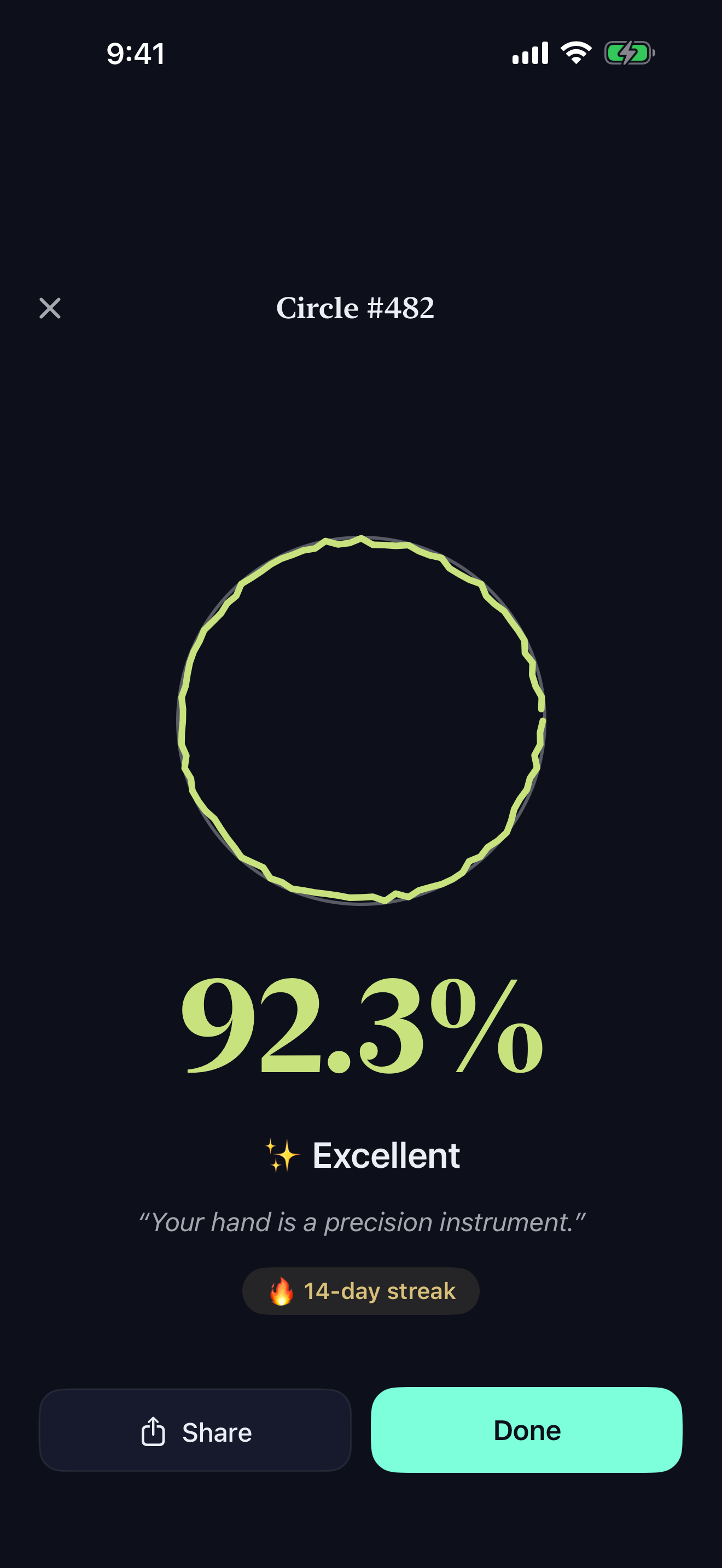 Orbly score reveal showing a 92.3 percent Excellent grade with a 14-day streak