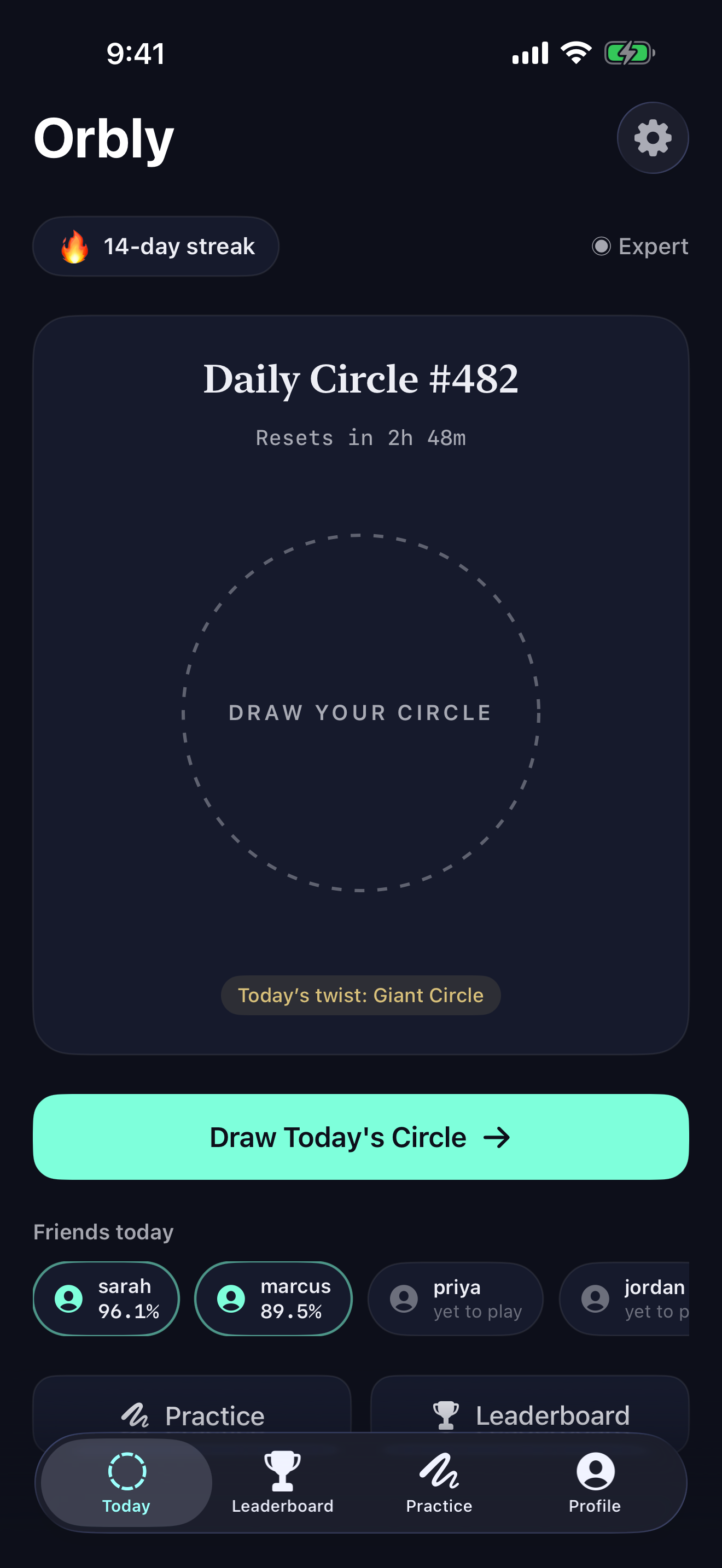 Orbly home screen with the daily challenge ready, 14-day streak chip, countdown to next reset