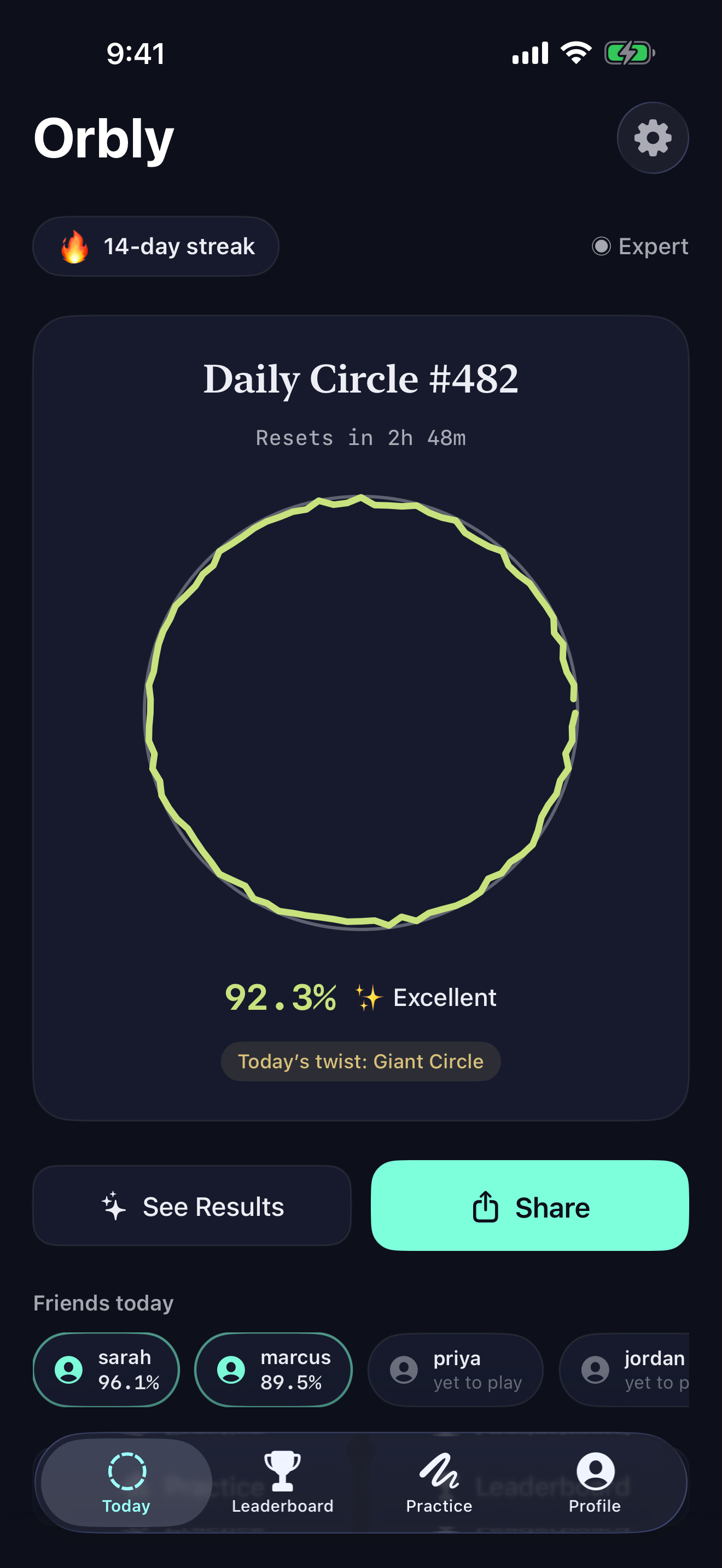 Orbly home tab after drawing, with the traced circle visible inside the today card